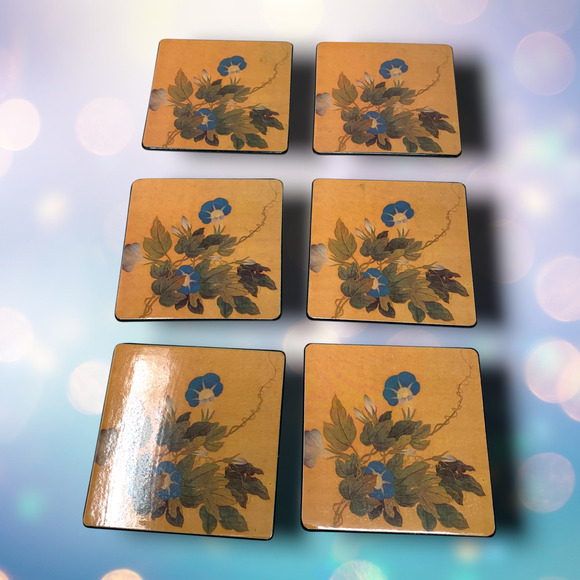 Vintage NEW Wooden 6 Coaster Set Morning Glory Floral Wooden Box Holder NOS - Picture 2 of 6